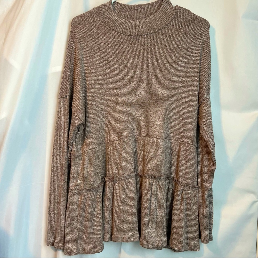 Solid Ribbed Mock Neck Babydoll Top. Color: Barley Grass. Size XL